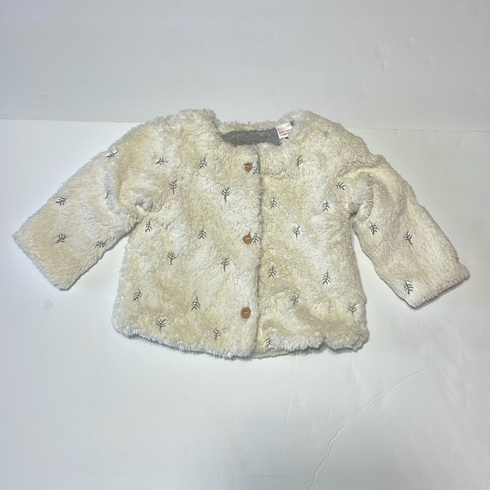 Zara Mini - faux fur jacket - oat with gray embroidery- size 9/12  months